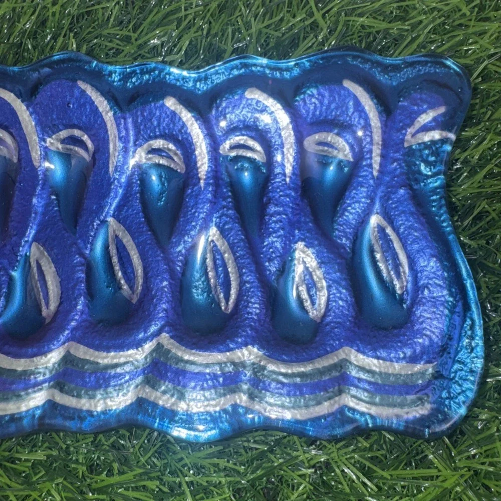 Fused Art Glass Ribbon Candy Tray Blue Magenta Silver Christmas Candy Dish Set